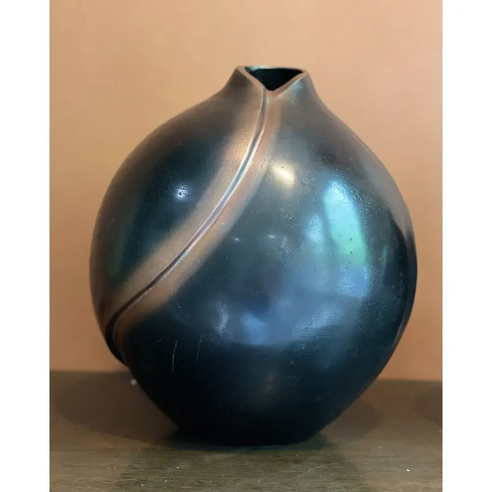 Handcrafted Metal Vase 2 | Black Sculptural Round Vases | Modern Home Decor